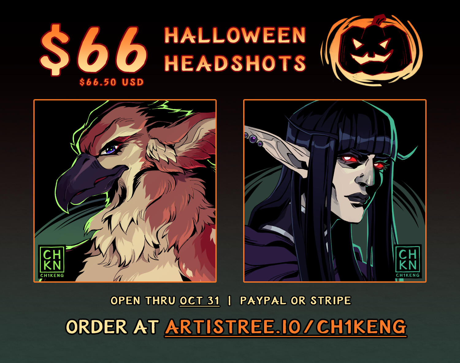 Halloween Headshots informational graphic. $66.50 per piece, open thru 10/31.